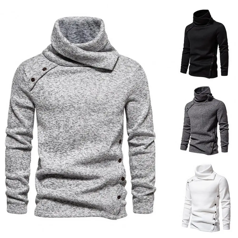 Button Design Men Top Men's High Piled Collar Knitted Sweatshirt Warm Thick Pullover for Fall Winter Long Sleeve Mid Length