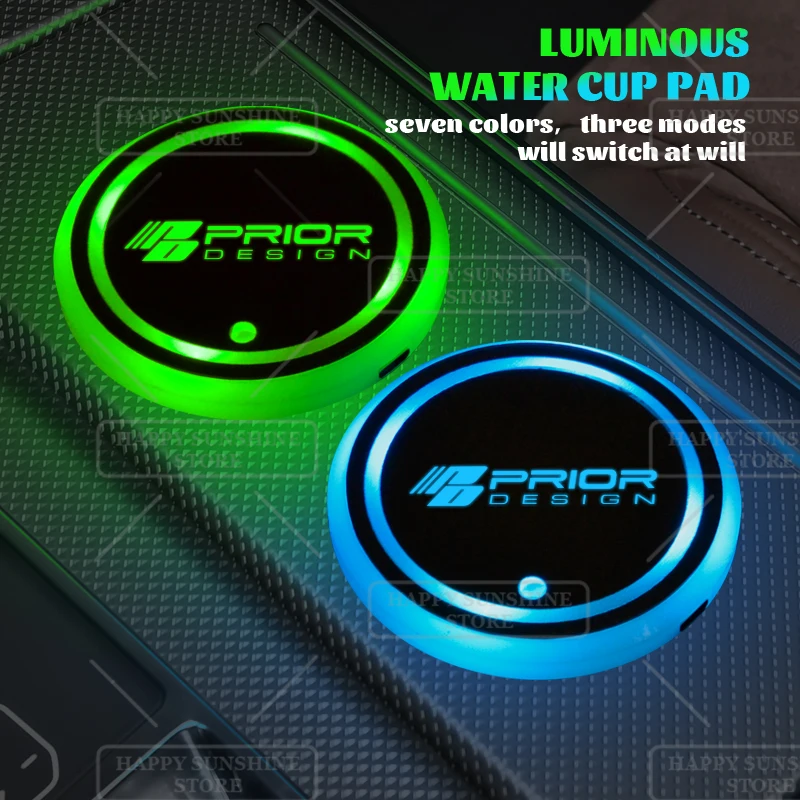 7 Colorful LED PD PRIOR DESIGN Logo Car Water Cup Mat Drink Holder Coaster Light For Skoda Volvo Subaru Ford Opel Mini Cooper