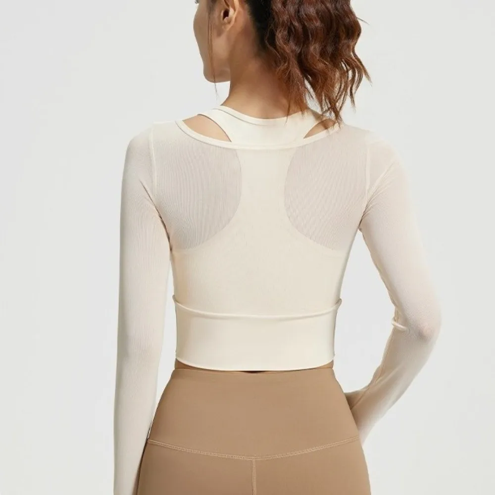 Long Sleeved Fitness Yoga Top Mesh Splicing Fixed Chest Pad Women Sports Top Slimming Design High Elastic Yoga Shirts
