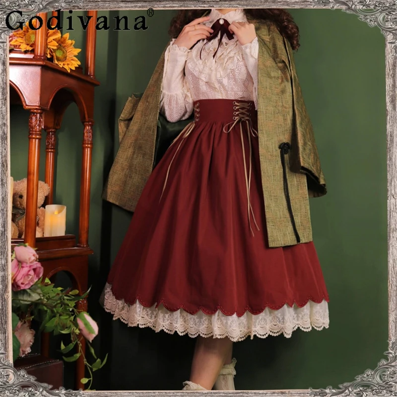 

Original French Elegant Retro Lolita Skirts SK Autumn and Winter New Girl's Women's Sweet Cla Elastic Waist Long Princess Skirts