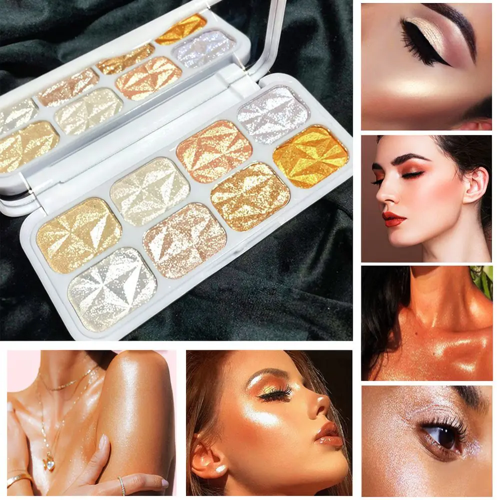 8 Colors Face Highlighter Palette Shimmer Bronzer Contour Makeup Illuminator Powder Pigmented Cosmetic Set Portable With Mirror