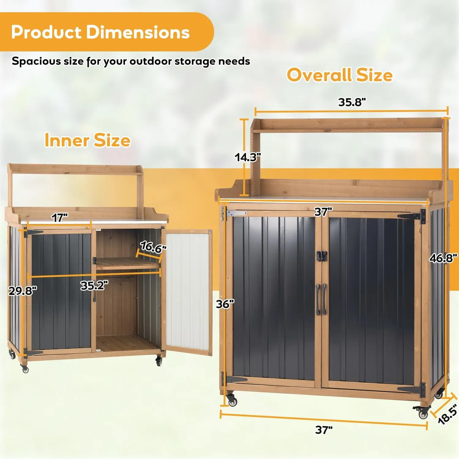 Potting Bench Table Outdoor Storage Cabinet Lockable Wheels Adjustable Shelves Mobile Waterproof Metal Top Workstation Garden Patio BBQ Organization Magnetic Latch Edge Guard
