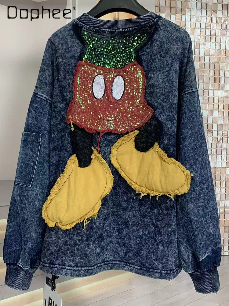 

Trendy Brand Sweatshirt for Women Autumn Heavy Patch Sequin Loose 3D Foot Cartoon Oversized Round Neck Sweatshirt Streetwear