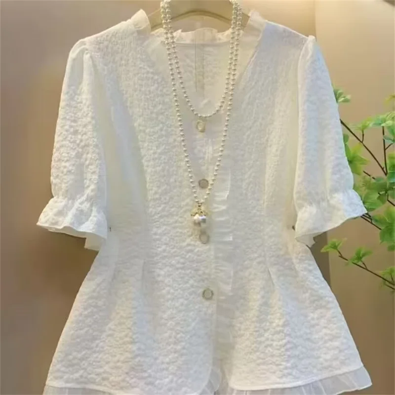 

Korean Style Lace Patchwork Shirt Tops Office Short Sleeve V Neck Solid All-match Elegant Summer Vintage Fashion Women Clothing