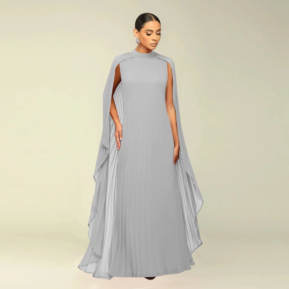 Female Stylish Solid Color Round-Neck Shawl Chiffon Evening Dresses 2024 Spring Autumn Long Sleeves Pleated A-Line Maxi Dresses