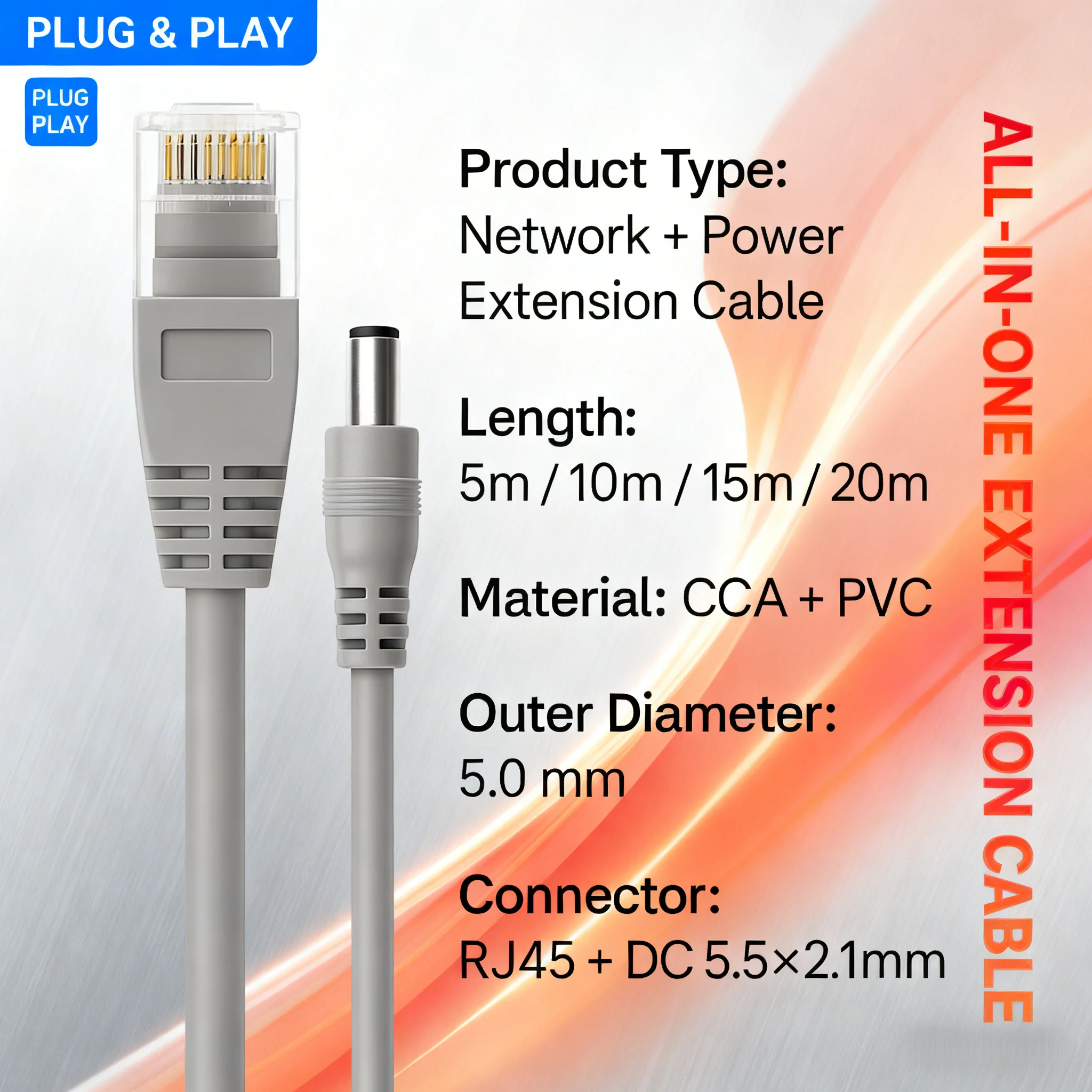 Cold-Resistant 2-in-1 Network DC Cable 5m-20m Durable Stable for CCTV NVR Switch Long-Distance Winter
