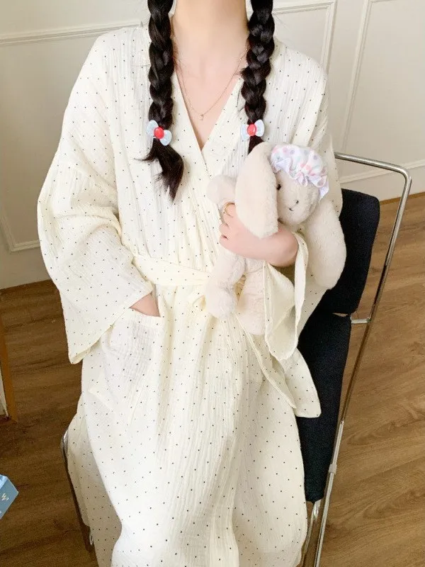 chic-town-2026-autumn-polka-dot-girl's-robe-pyjama-lazy-style-new-casual-loose-home-clothes-set-breathable-cotton-v-neck