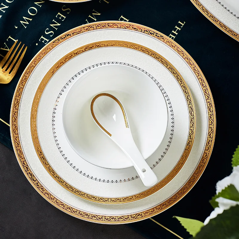 60 Pieces European Gold Edged Bone China Tableware Bowls Plates Spoon Soup Pot Ceramic Sets Kitchen Combination Tableware Set