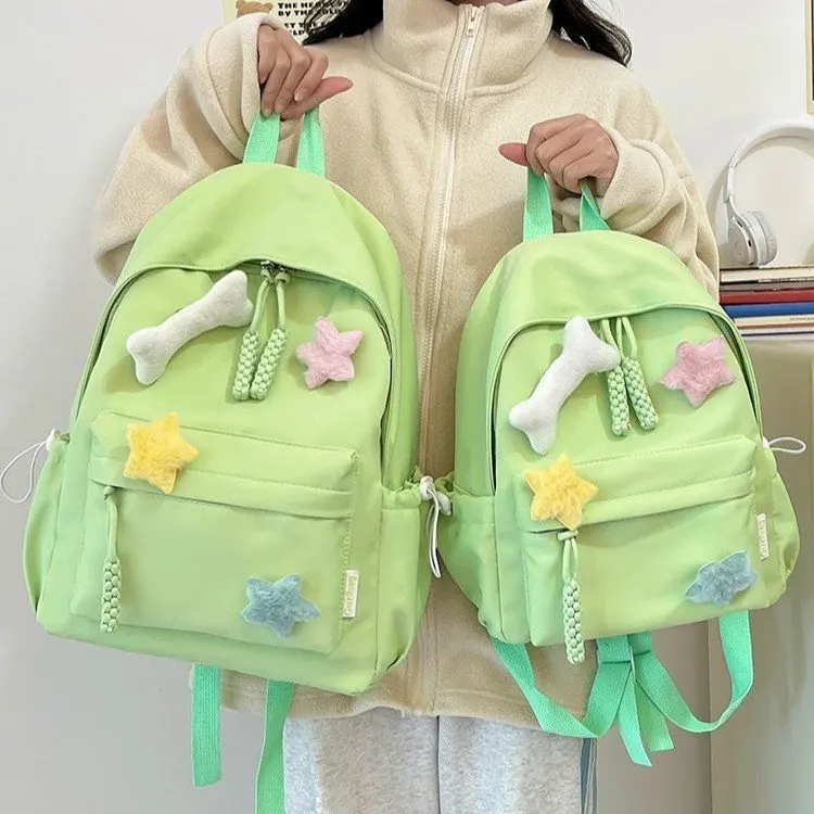 Women Cute Plush Decor Backpack Light Green Casual School Bag With Star Bone Pendant For Students Daily Use