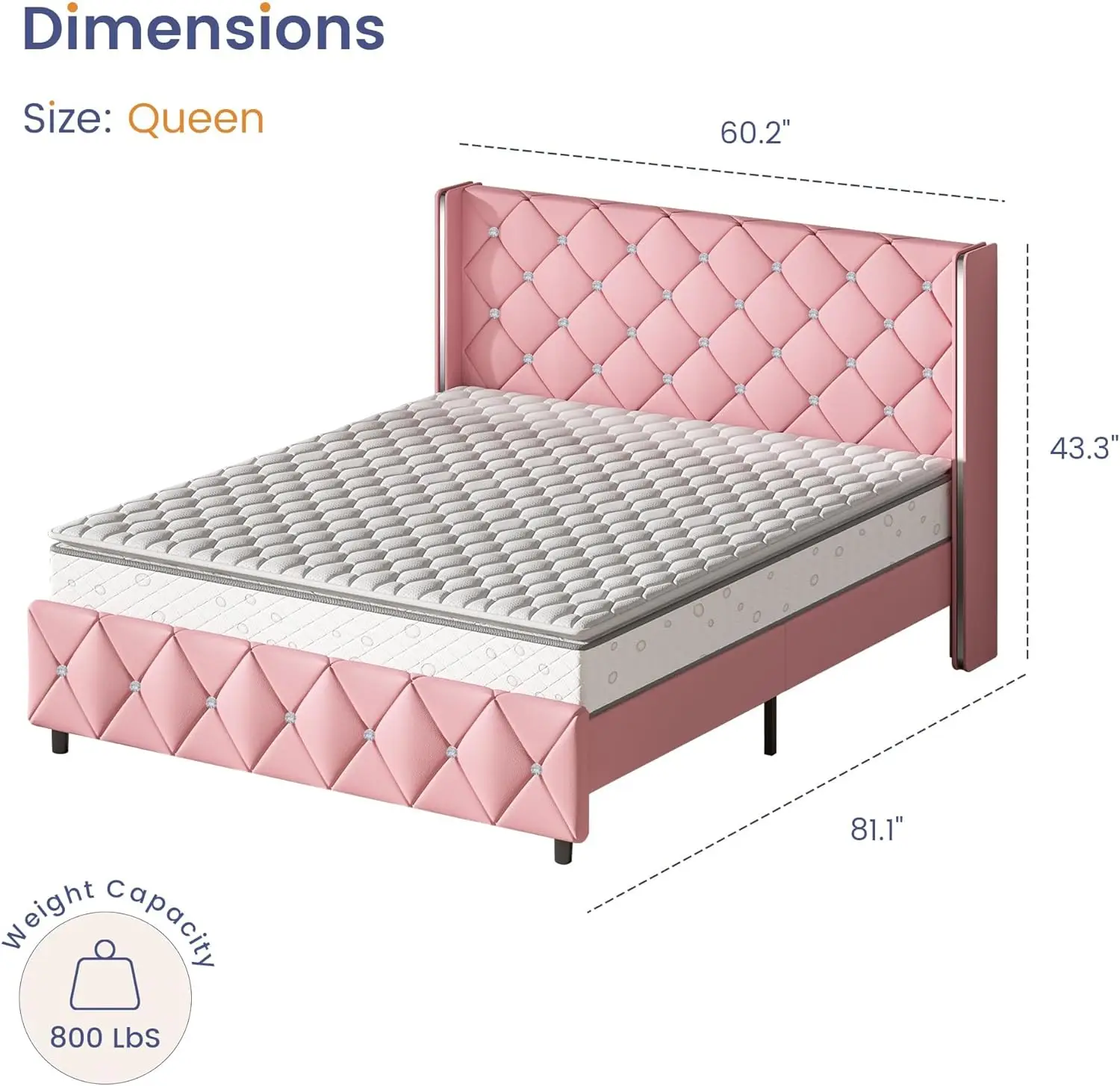 Queen Size Bed Frame with Diamond Headboard, Pink Bed Frame Queen, Upholstered Platform Bed Frame Faux Leather, Pink