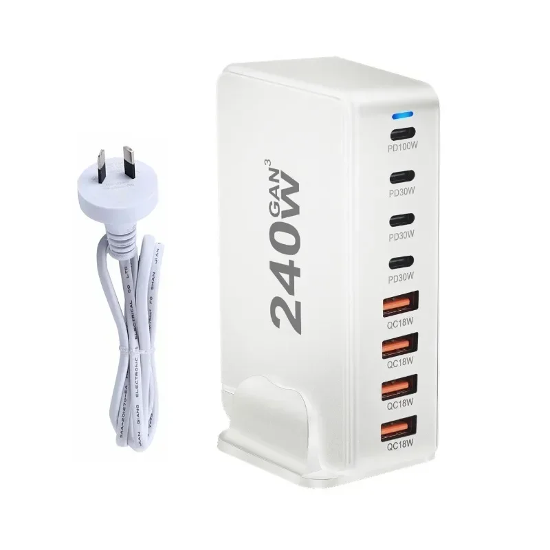 Desktop GaN Carregador USB Tipo C, Carregamento Rápido 3.0, Móvel, 8 Portas, 240W, PD