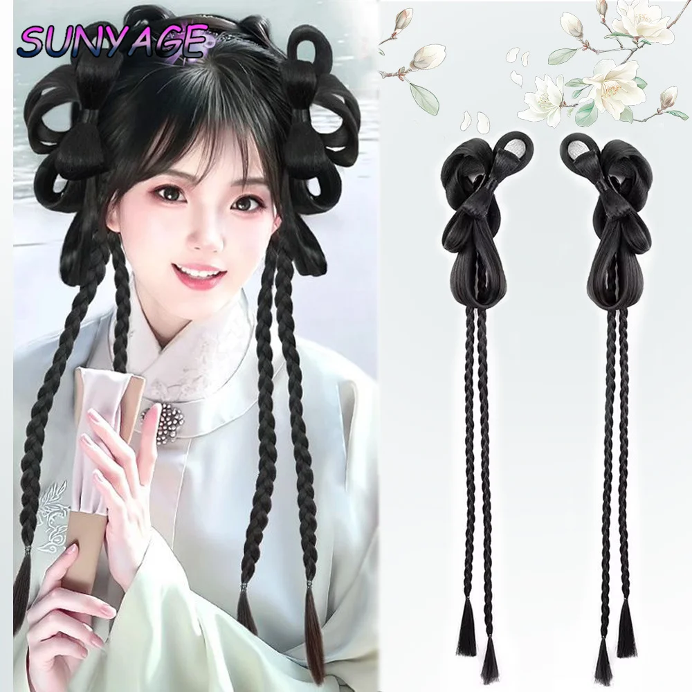 

Синтетический парик SUNYAGE Hanfu, повязка на голову, антикварный бант, булочка для новичков, ежедневная песня и династия Мин, стильный костюм, булочка