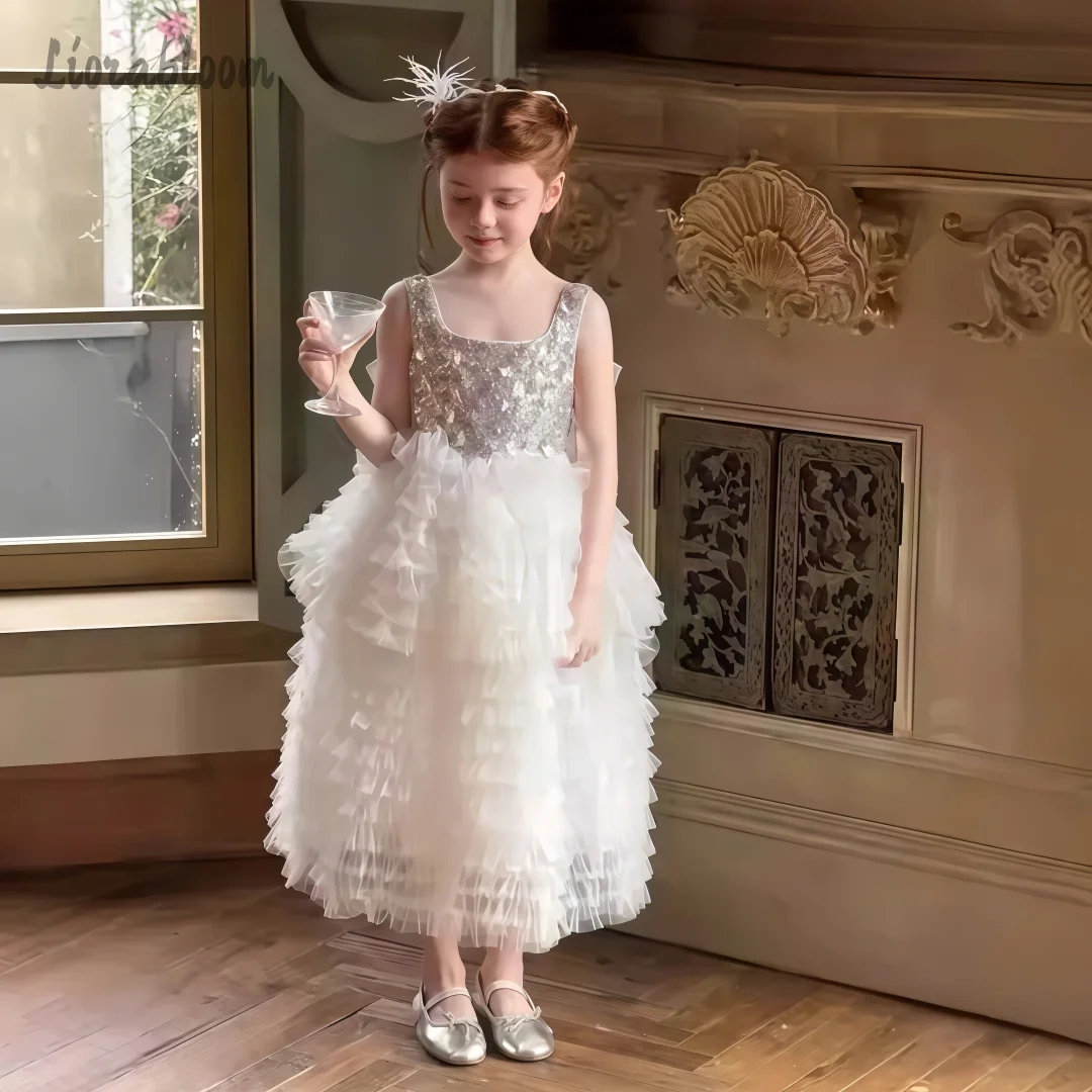 Girls' Sequin Tulle Dress Layered Formal Gown Tulle Evening Dress Short Flower Girl Dress Party Wear Wedding Attire