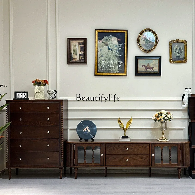 

yj7yj7 French Retro Solid Wood TV Cabinet Walnut Color American Style Small Apartment Living Room Floor Cabinet