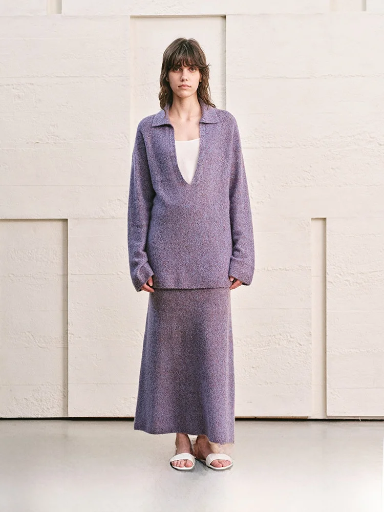 

Комплект ZYNNI: Оригинальный дизайн, длинная юбка и топ с эластичной талией, свободный крой, маленький воротник, глубокий V-образный вырез, повседневный стиль, осень