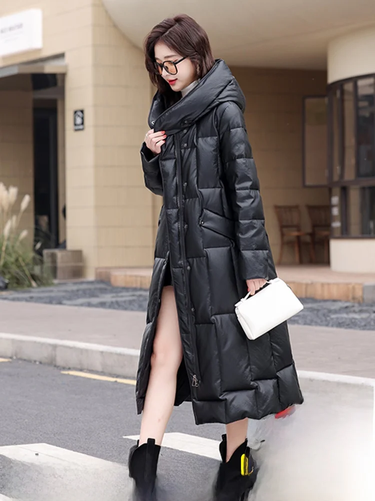 

Новая зимняя женская удлиненная куртка из овчины с капюшоном, свободного кроя, с мехом, на молнии, для повседневной носки, из кожи