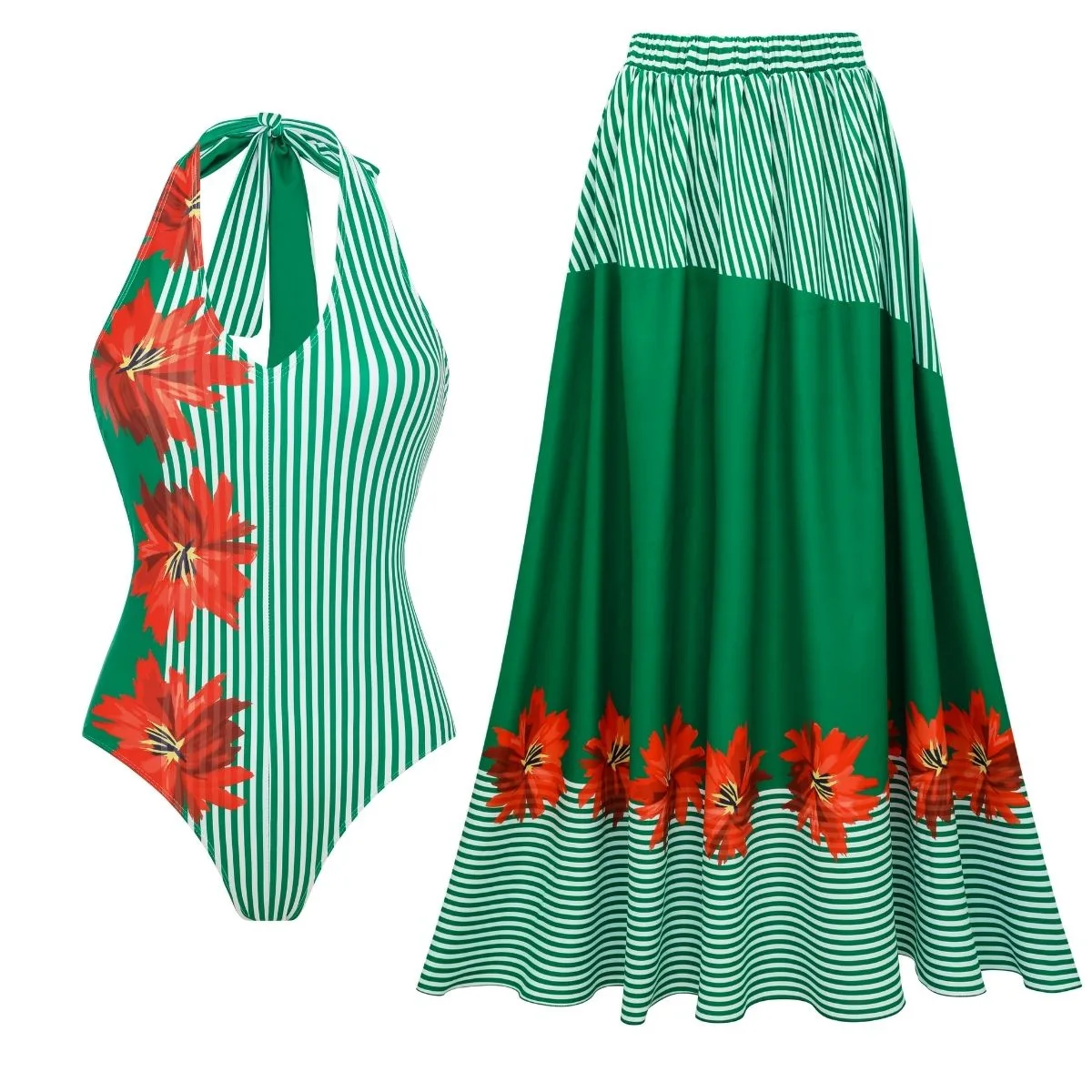 

One Piece Swimsuit For Women European And American Swimwear Green Striped Floral Splicing One-piece Swimsuit Women