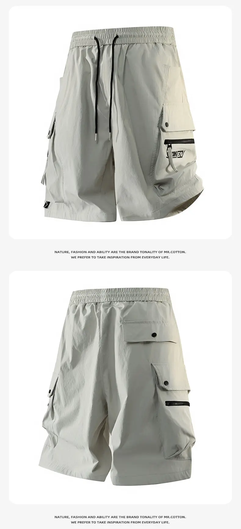 Lässige Herren-Shorts mit Kordelzug und elastischem Bund, lockere knielange Hosen, Sommer 2026, Five-Cent-Jogger mit Reißverschlusstaschen – Detail 9