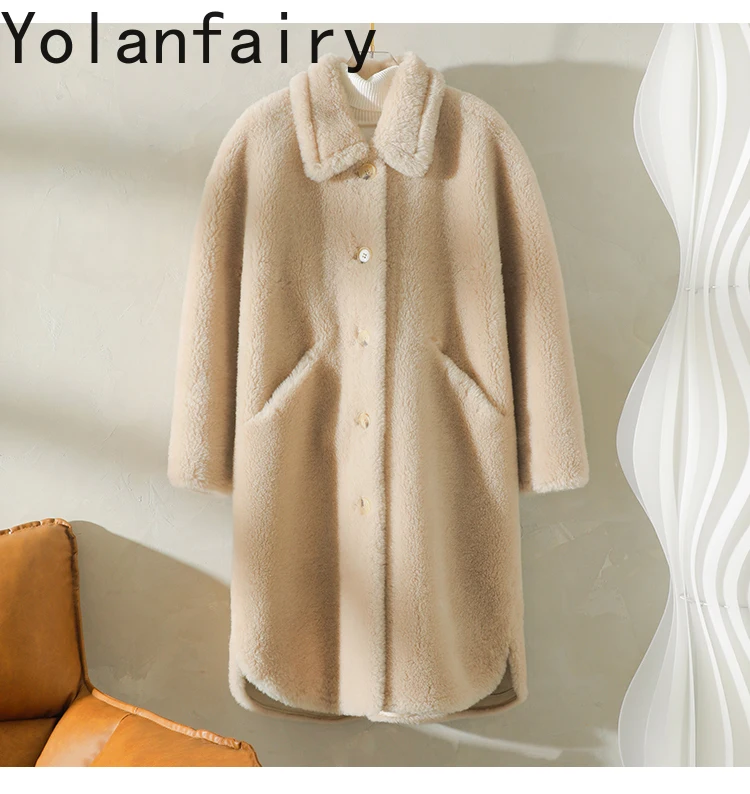 YOLANFAIRY-Veste en fourrure d'agneau véritable pour femme, 100% laine, manteau épais chaud, vêtements longs, coupe naturelle, haut de gamme, hiver, 2024