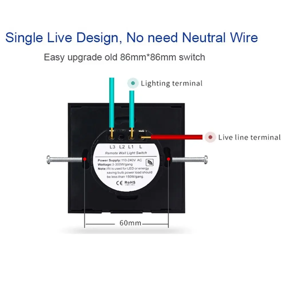 EU Standard Touch Sensor Switch Glass Panel 1/2/3 Gang Wall Light Switch No Neutral Wire LED Backlight Smart Switch Home Wall