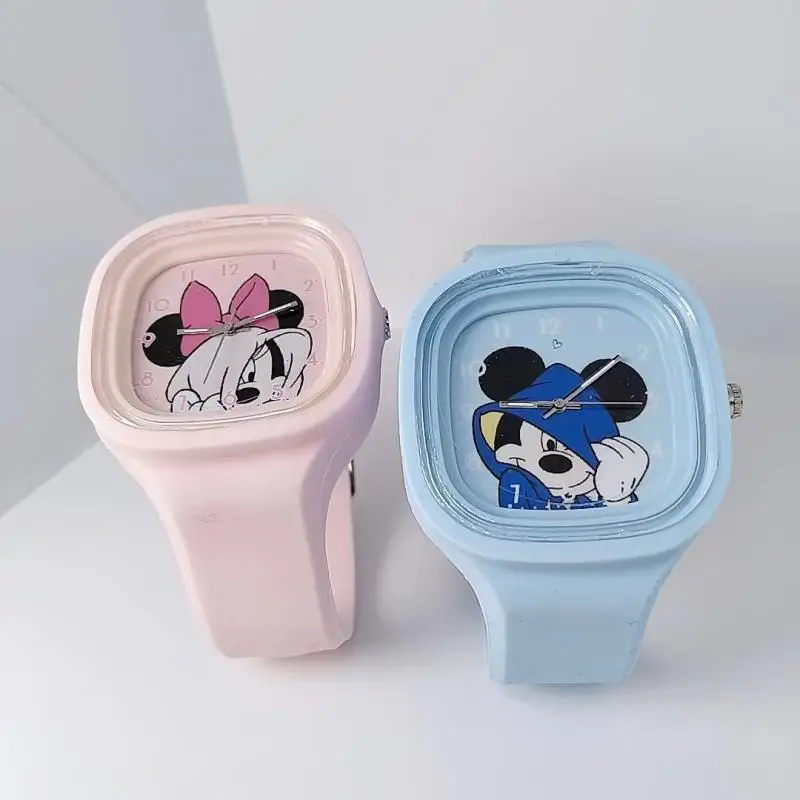 Kawaii Disney Mickey Mouse Cartoon Watch Square High-Quality Skin Feel Silicone Watch Adjustable Watch Ladies Watch Clock Wrist