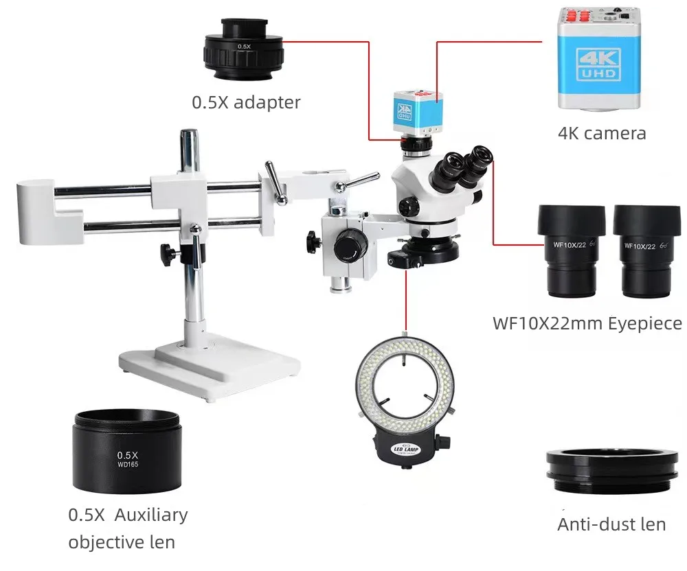 YYHC 4K camera 3.5X- 90X 7-45X Simul-Focal Double Boom Stand Trinocular Stereo  Zoom Microscope for mobile  repair Microscopie