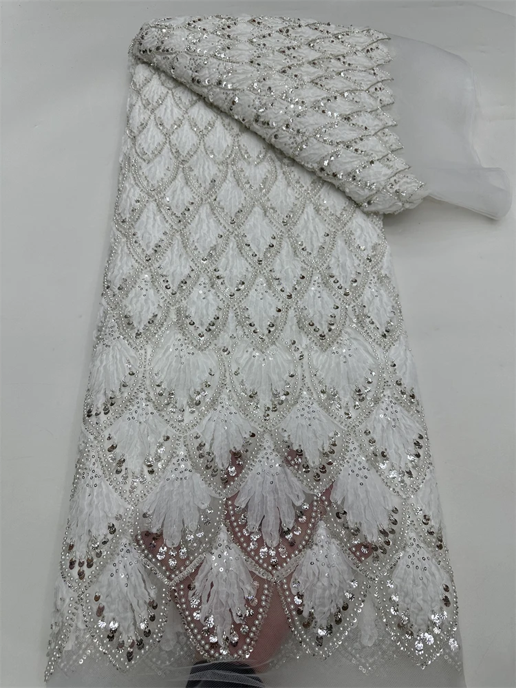Tessuto di pizzo africano con paillettes all'ingrosso Ricamo francese Pizzo da sposa con perline pesanti di lusso di alta qualità 5 metri