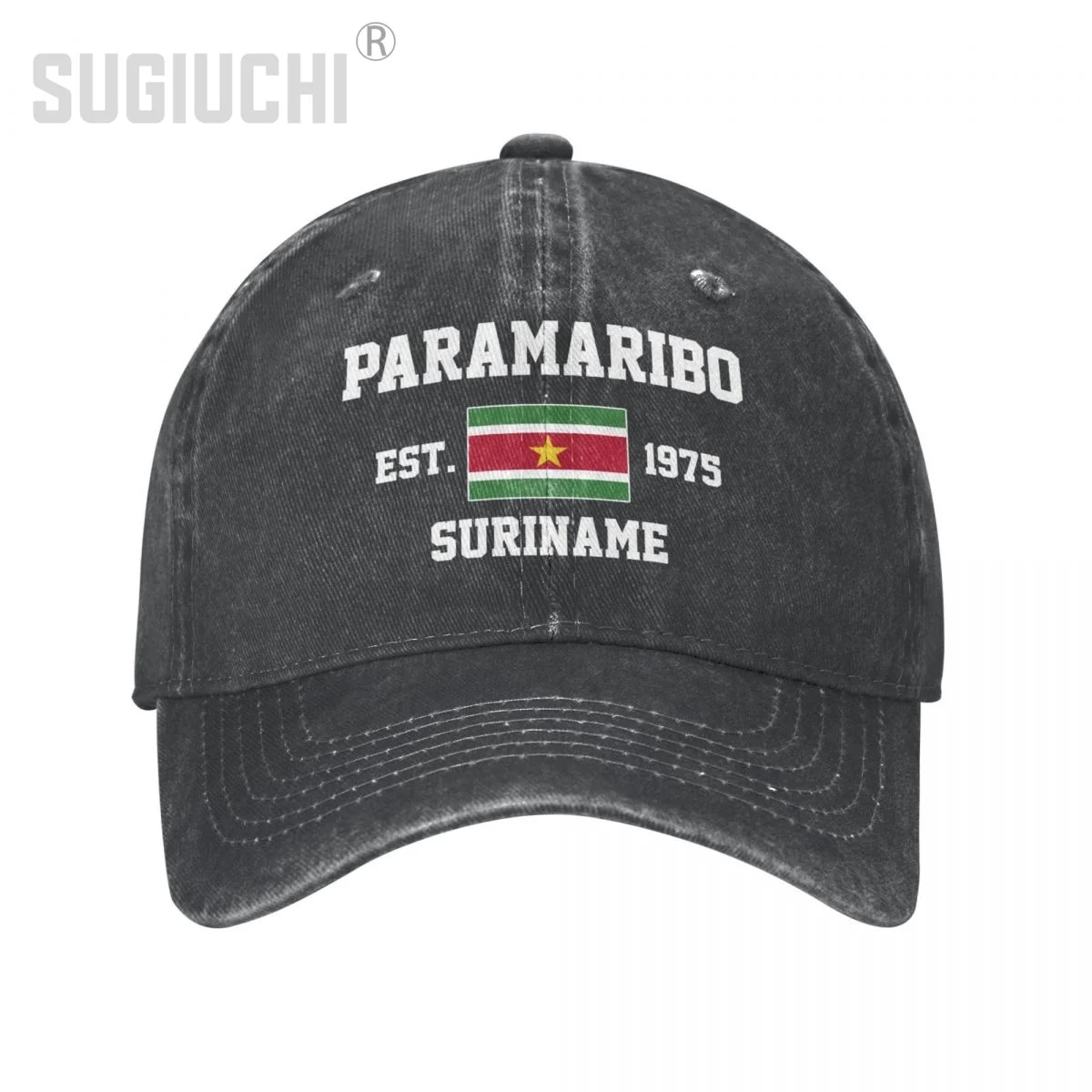 Flag of Suriname EST.1975 Paramaribo Unisex Adult Charcoal Washed Denim Baseball Cap Men Vintage Cotton Patriotic Trucker Hat