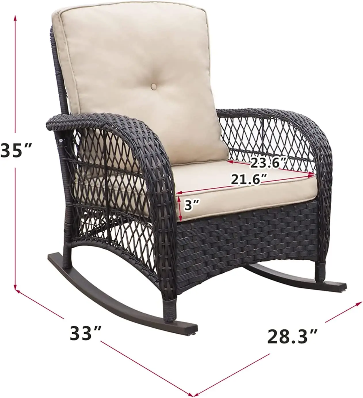 Outdoor Resina Wicker Cadeira de balanço com Olefin Almofadas, Pátio Quintal Móveis Club Rocker Chair, Black Wicker & Almofadas Khaki