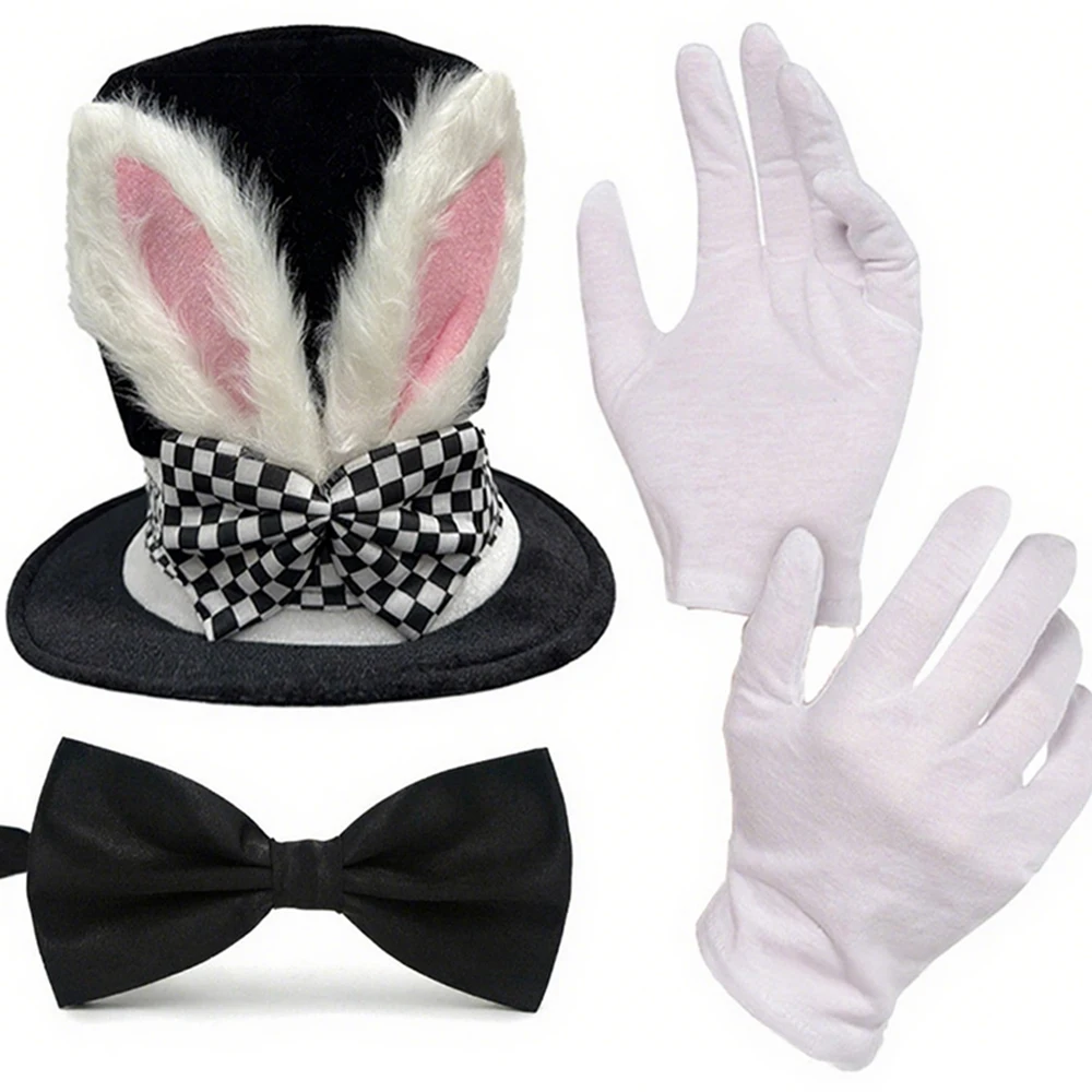 Halloween Plüsch Kaninchen Ohr Zylinder Set Ostern Zauberer Dress Up Kostüm Requisiten Hohe Hut Handschuhe Bühne Leistung Zubehör Outfit