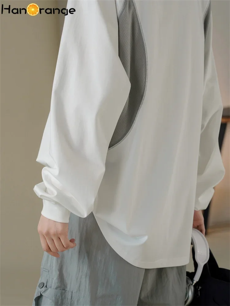 HanOrange-T-shirt respirant pour femme, haut épissé, blanc, marron plonger âtre, vert clair, style sport, début du printemps, 2025