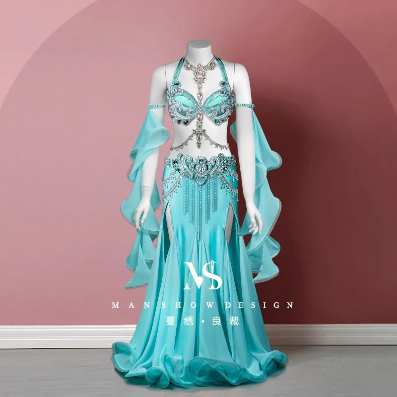 ที่กําหนดเองBelly Danceเครื่องแต่งกายใหม่เซ็กซี่Oriental Dancewearเครื่องแต่งกายพู่Body Chain Fishtailชุดกระโปรง