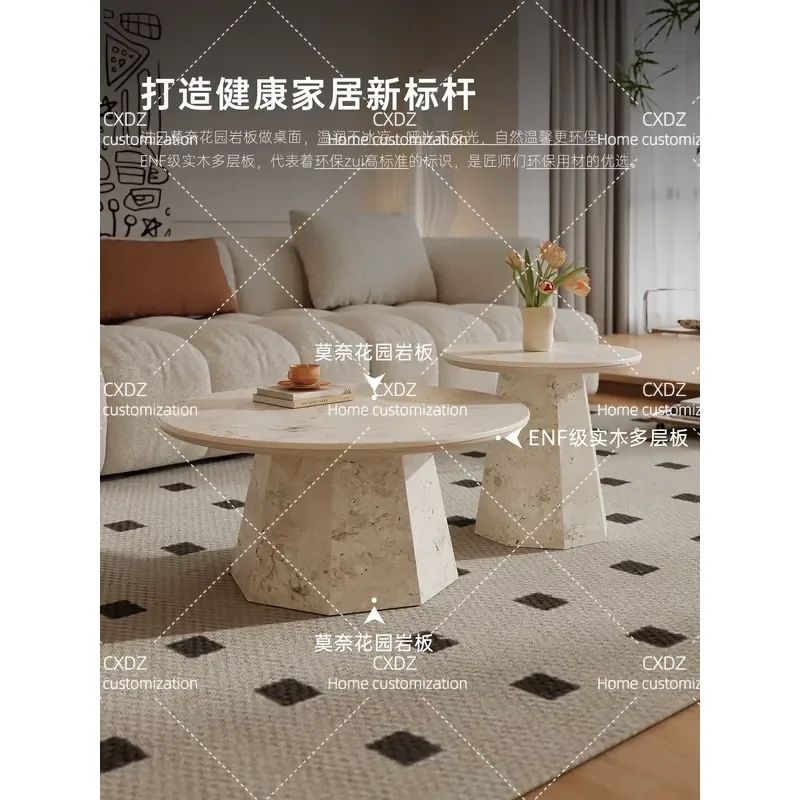Round Sintered Stone Coffee Table Cream Style Small Apartment Living Room Household Marble Top Center Table Modern Minimalist