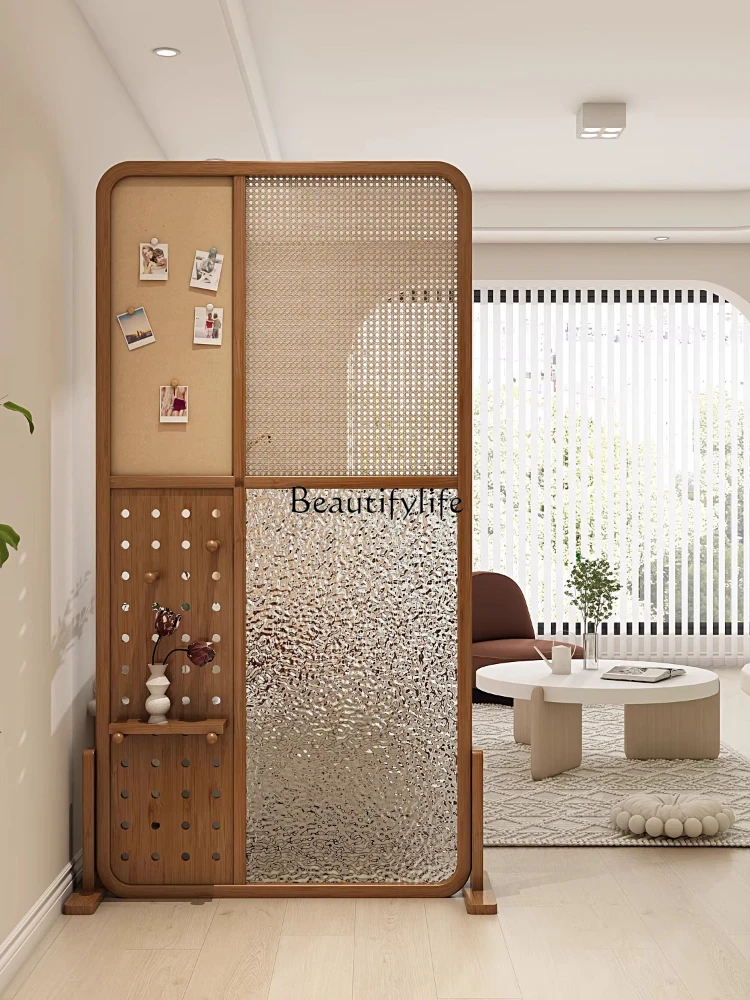 3Japanese solid wood screen partition water pattern glass hole board rattan cherry rack