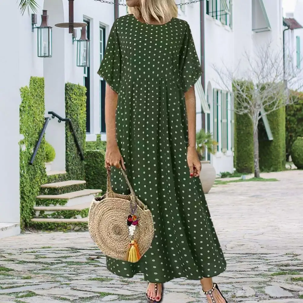 

Women Printed Dress Elegant Women's Maxi Dresses Dot Print Short Sleeve Crew Neck Styles for Summer Beach