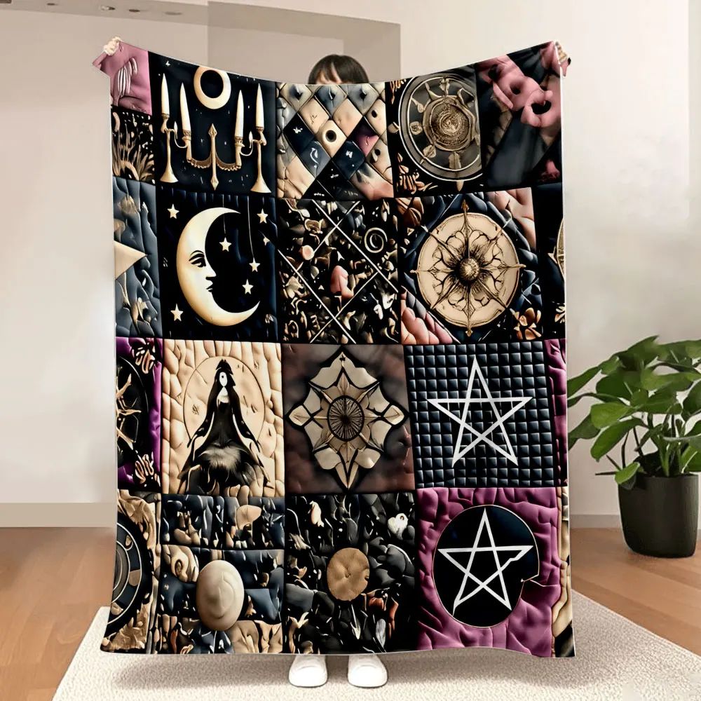 Gothic Magic Patchwork-Überwurfdecke – komplizierte dunkle Kunstfliesen, dunkles Gold/Beige/Rosa-Akzente, ideal für Mystic & Gothic Enthu