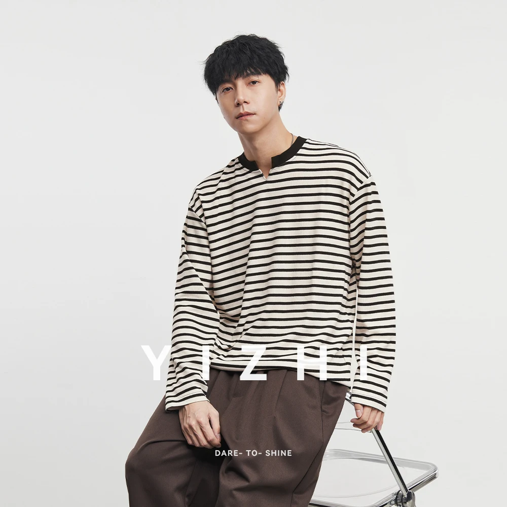 

Модная мужская американская маленькая полосатая футболка с v-образным вырезом и длинным рукавом, осень-зима 202, новая базовая рубашка, топ с длинными рукавами, мужской пуловер