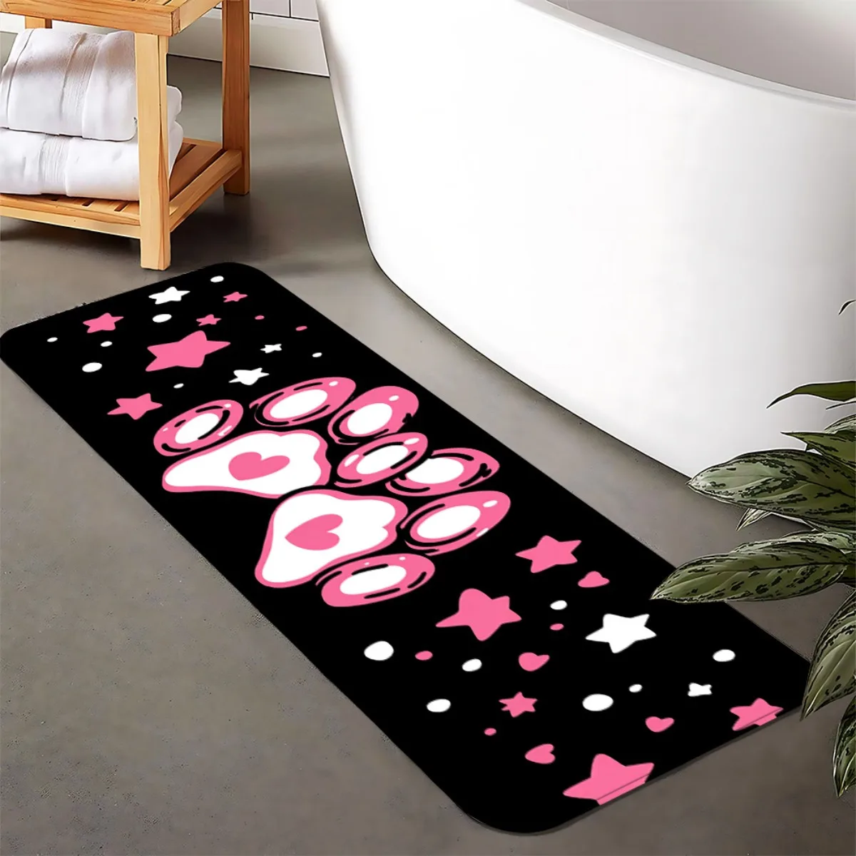 

Cute Pink Paw Print & Stars Print Runner Rug, Non-Slip Washable Durable Mat for Entryway, Bathroom, Hallway & Kids Room Decor