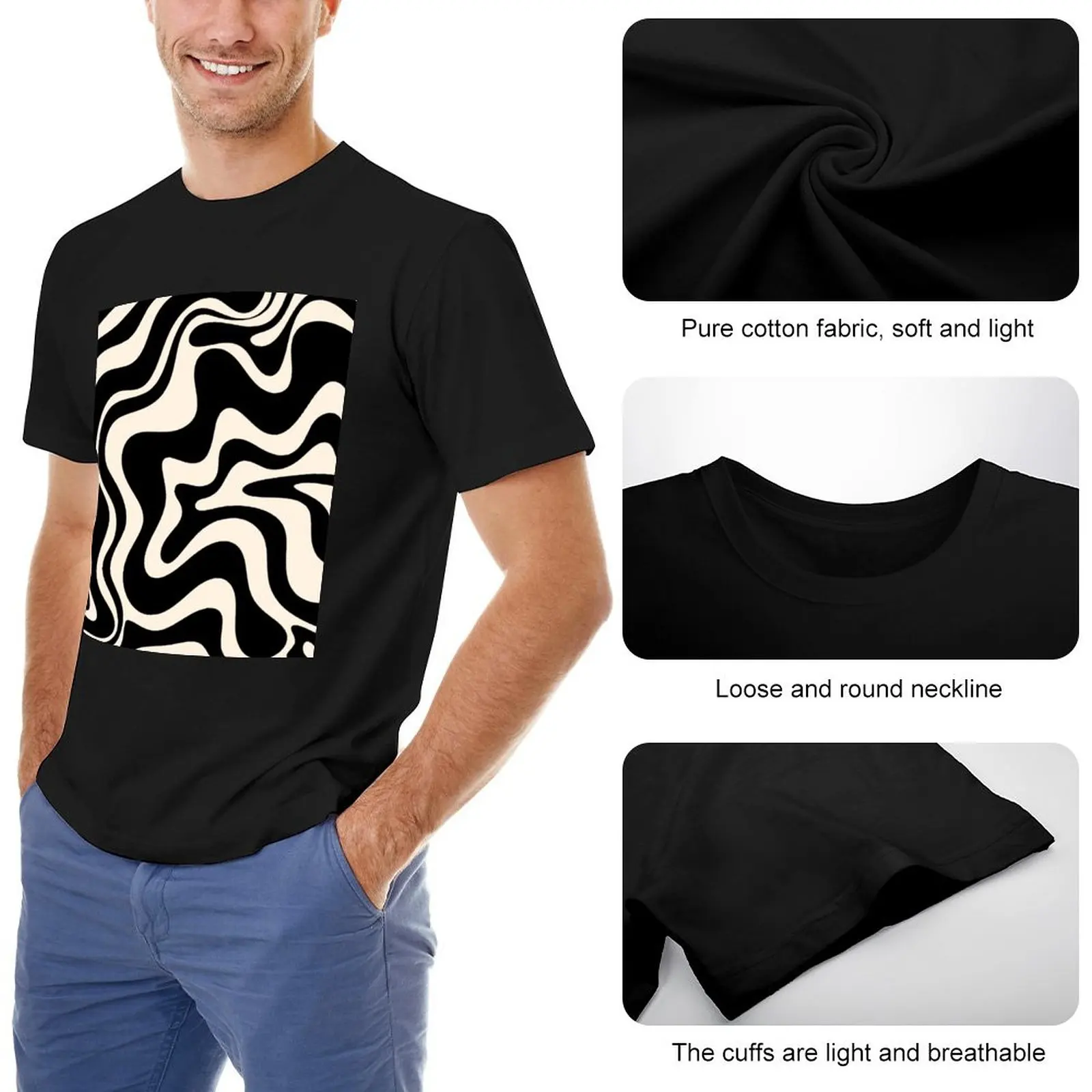 Retro Liquid Swirl Abstract Pattern in Black and Almond Cream T-Shirt Blouse sports fan t-shirts Oversized t-shirt men t shirt