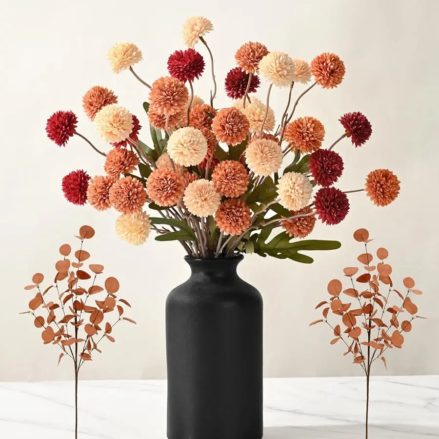 

10pcs Fake Silk Pompon Mum Artificial Fall Flowers, Faux Mini Chrysanthemums with 2pcs Eucalyptus Stems, Fall Decor for Centerpi