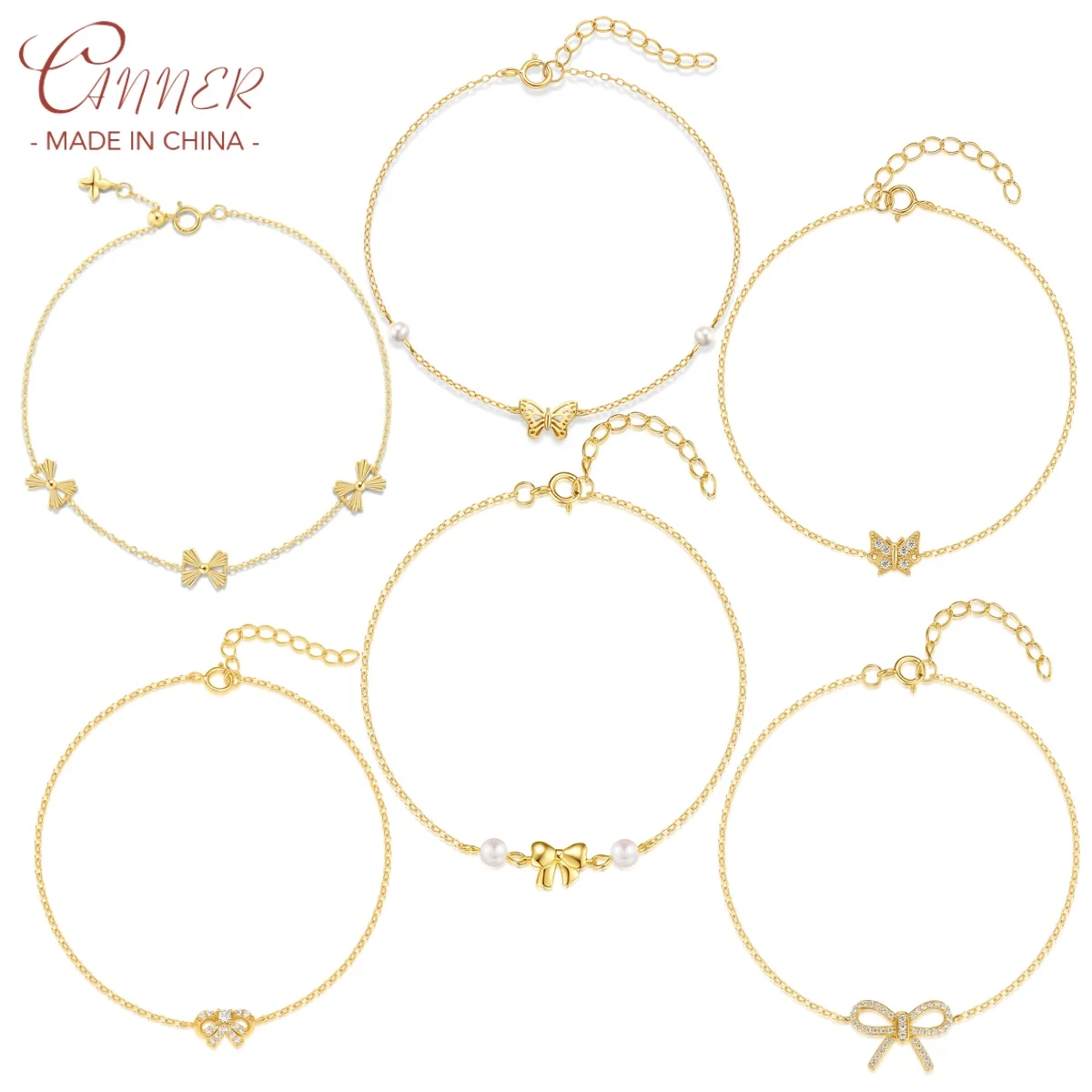 CANNER 925 srebro wykwintne bransoletki w kształcie motyla dla kobiet 18K złoto gładka kokardka w kształcie serca Ins Fine Jewelry Party prezent