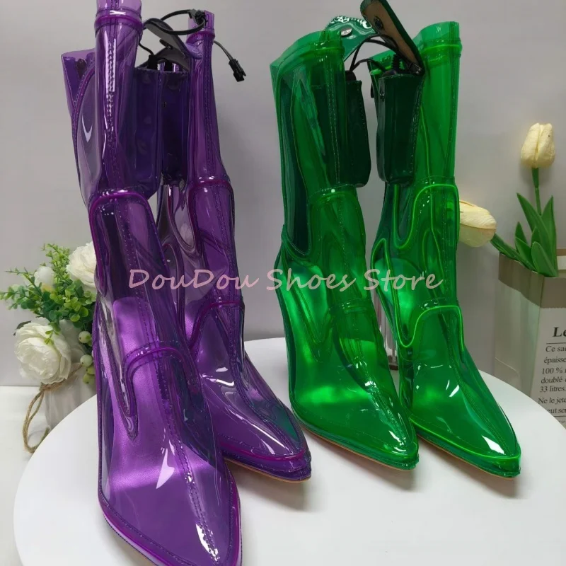 Transparent PVC Led Light Up Block Heel Boots Women Pink Pointed Toe Back Zipper Modern Boots Fashion Party Nightclub Lady Shoes