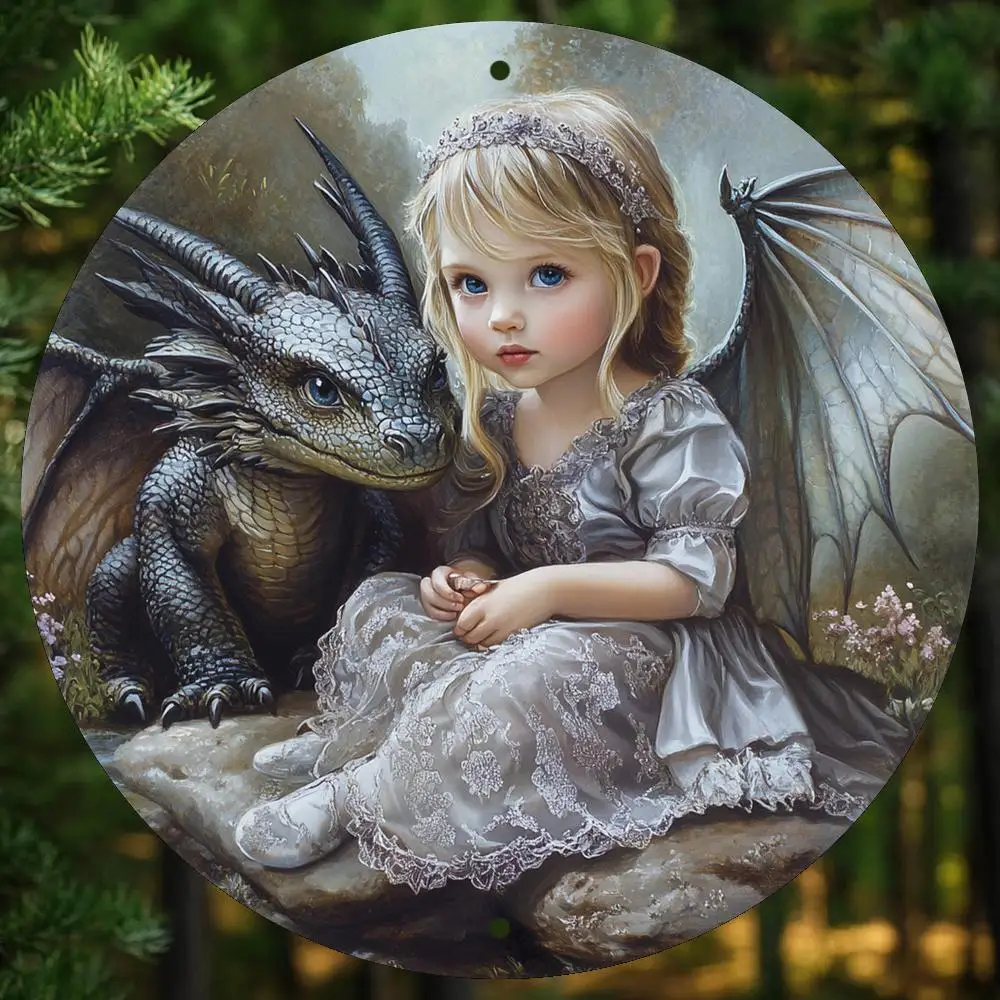 1PC Little Girl & Black Dragon Round Metal Tin Sign, Fantasy Fairy Tale Art Plaque, 2D Flat Wall Decor For Bedroom Garden Decor