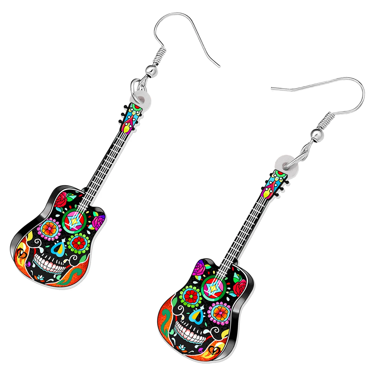 Bonsny Halloween Acrylic Skull Floral Guitar Earrings Dangle Drop Instruments Punk Jewelry Charms Gifts For Women Girls Teens