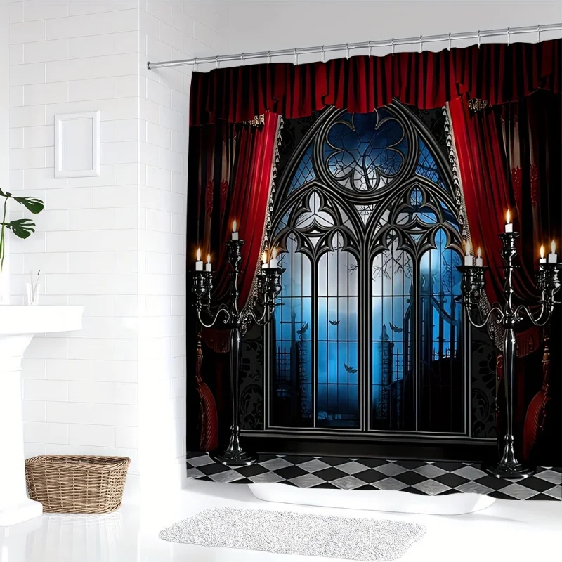 YWJHUI Horror Castle Floral Pattern Digital Print Shower Curtain, Water-Resistant Polyester Bath Curtain with Hooks, Machine Was