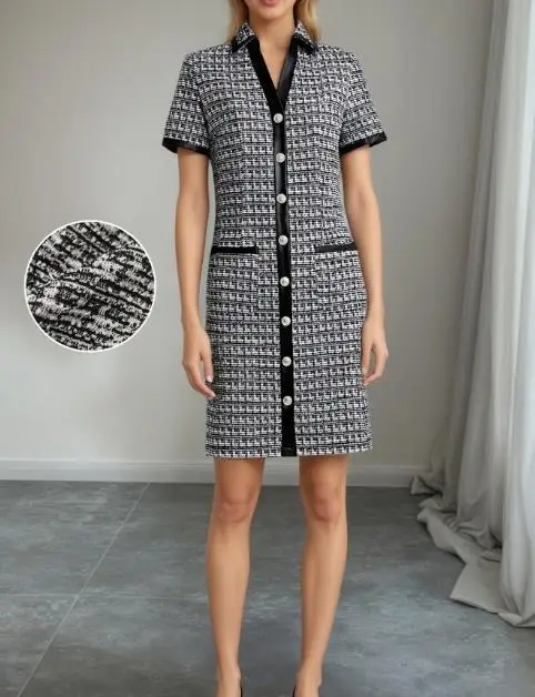 Letnia klasyczna sukienka we wzór szachownicy z żakardowej wełny, z kobiecią elegancją, unikalnym designem, łączona skórą, dopasowana sukienka.