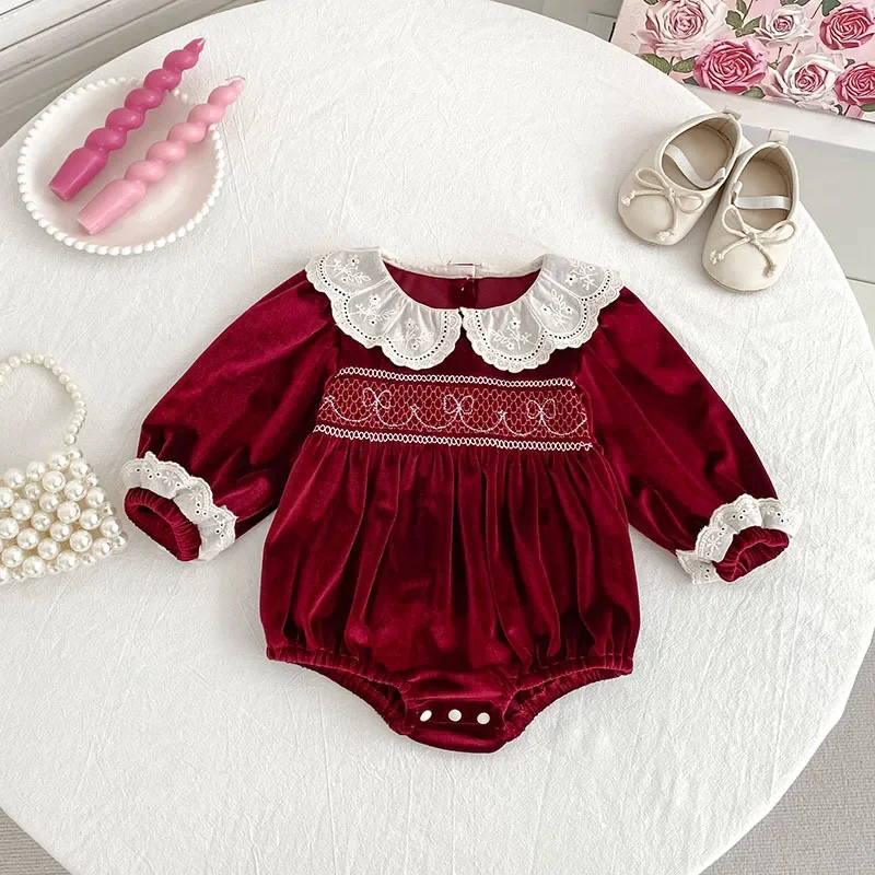 Girls' Spring and Autumn New Doll Collar Christmas Red Velvet Long Sleeve Baby Romper Sister Dress