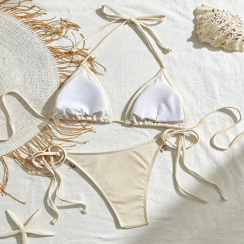 Women Ribbed Halter Triangle Bikini Set Seashell Starfish Decor Tie Side Two Piece Swimsuit Boho Beach Bathing Suit