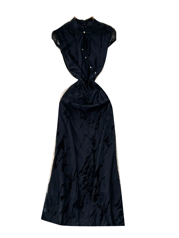 جديد الصينية Sle ort Sve المخملية المعاوضة تشيباو الدكتور عالية الخصر ألف خط تنورة الثقيلة التطريز الوقوف طوق المرأة الدكتور