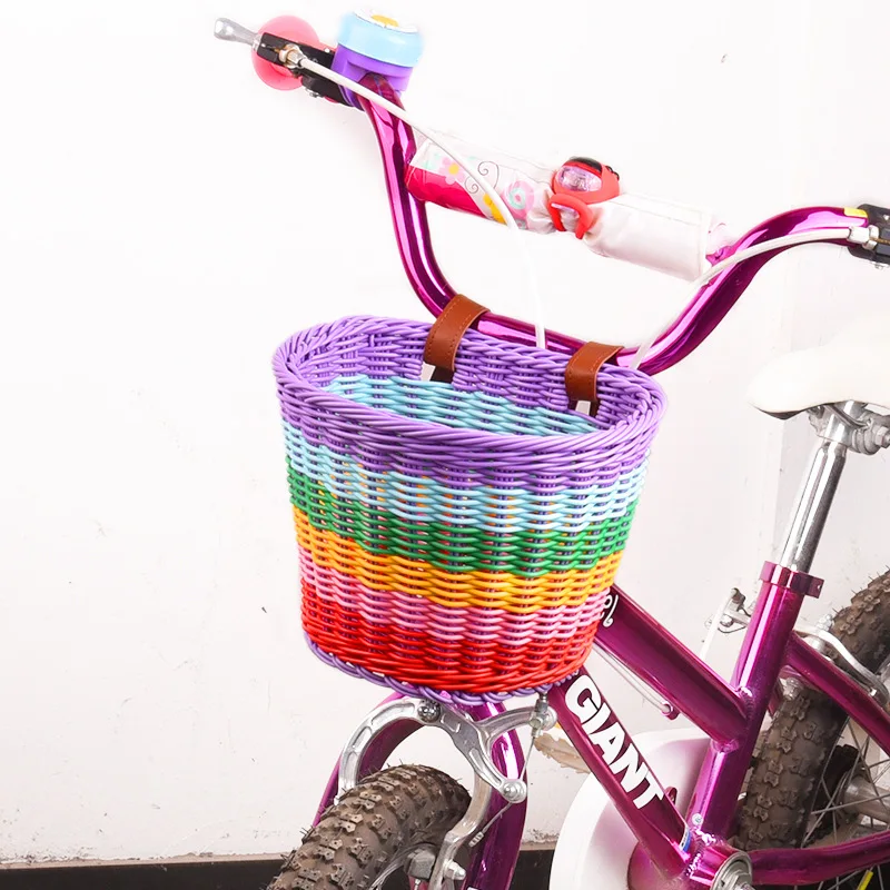 Bicycle Children's Car Basket Retro Woven Car Basket Rainbow Color Car Basket Front Car Basket Front Car Blue Riding Accessories view 2
